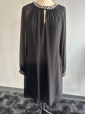 SL Fashions Black Long-Sleeve Pearl-Trim Shift Dress